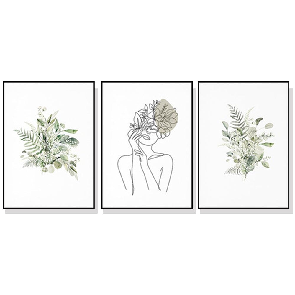 Wall Art 70cmx100cm Botanical Line Girl 3 Sets Black Frame Canvas Home & Garden > Wall Art ArtificialPlantBarn.com.au 