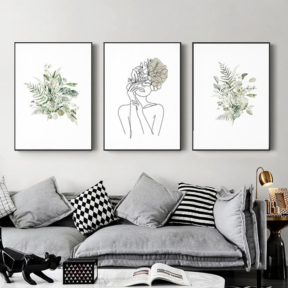 Wall Art 70cmx100cm Botanical Line Girl 3 Sets Black Frame Canvas Home & Garden > Wall Art ArtificialPlantBarn.com.au 