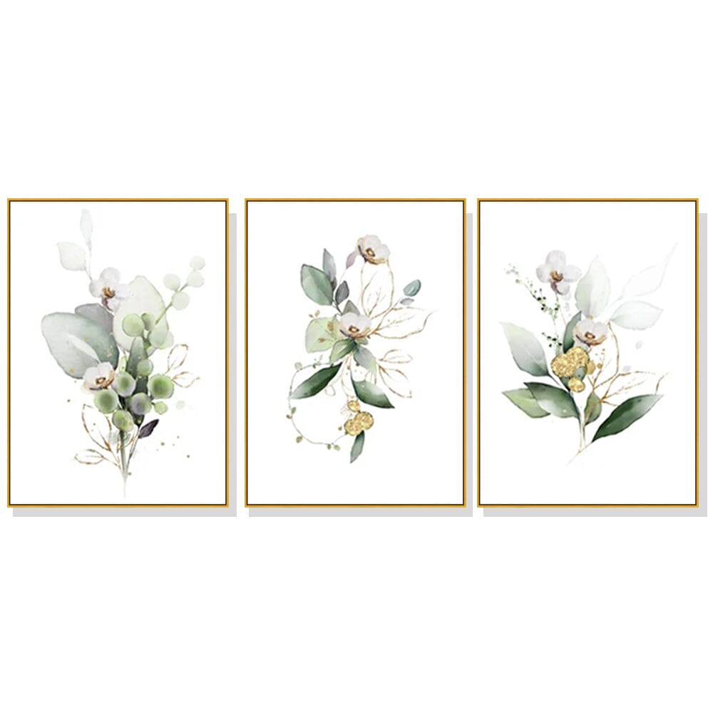 Wall Art 70cmx100cm Green and Gold Watercolor Botanical 3 Sets Gold Frame Canvas Home & Garden > Wall Art ArtificialPlantBarn.com.au 