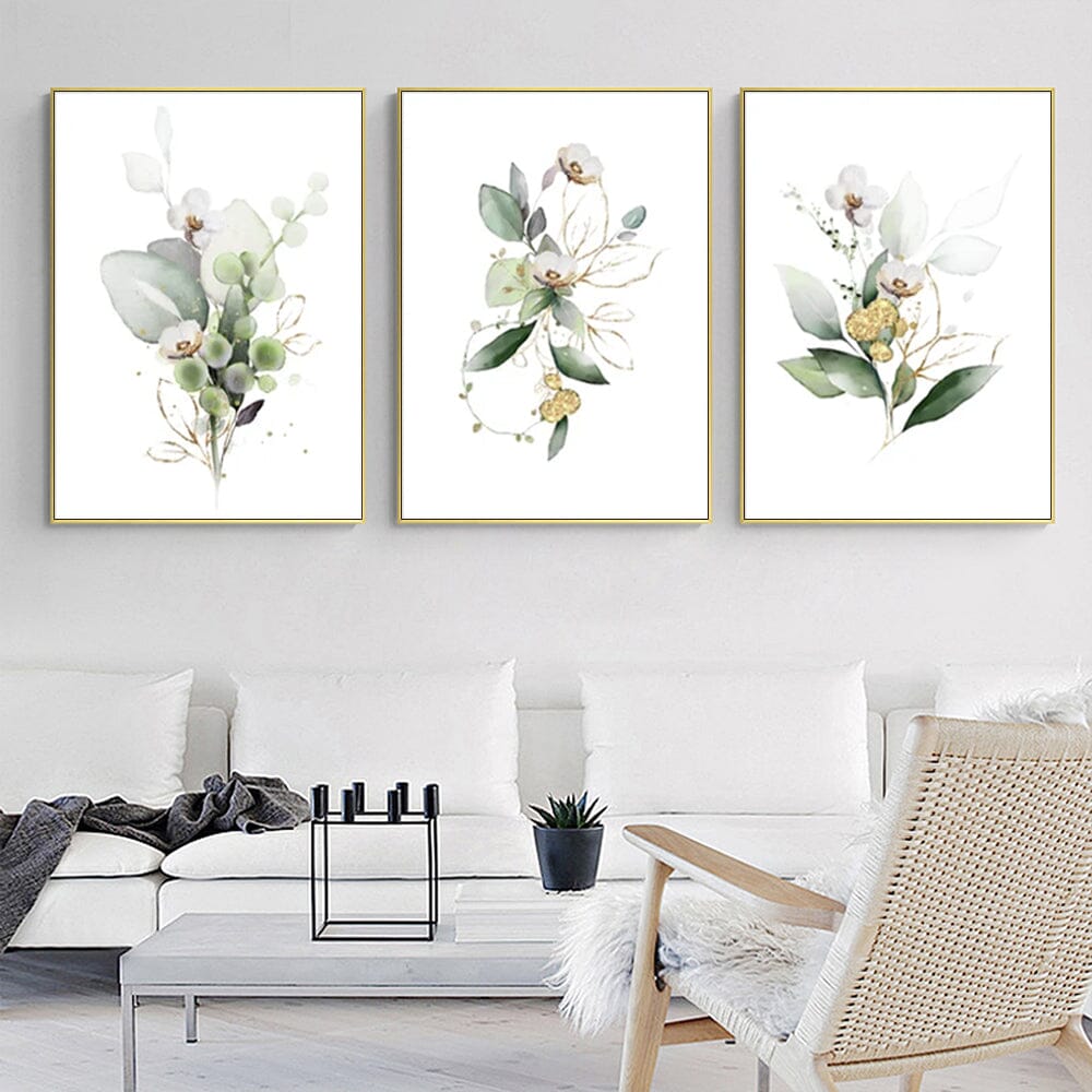 Wall Art 70cmx100cm Green and Gold Watercolor Botanical 3 Sets Gold Frame Canvas Home & Garden > Wall Art ArtificialPlantBarn.com.au 