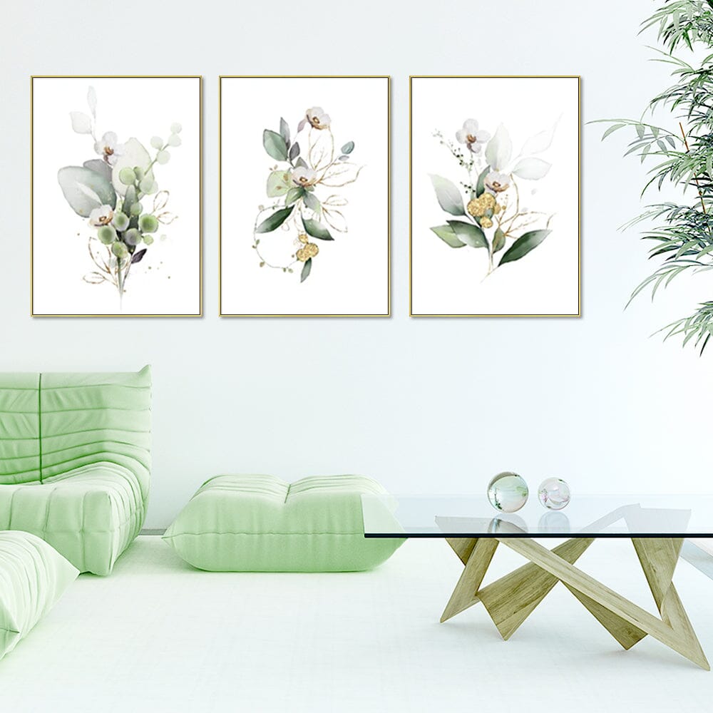 Wall Art 70cmx100cm Green and Gold Watercolor Botanical 3 Sets Gold Frame Canvas Home & Garden > Wall Art ArtificialPlantBarn.com.au 