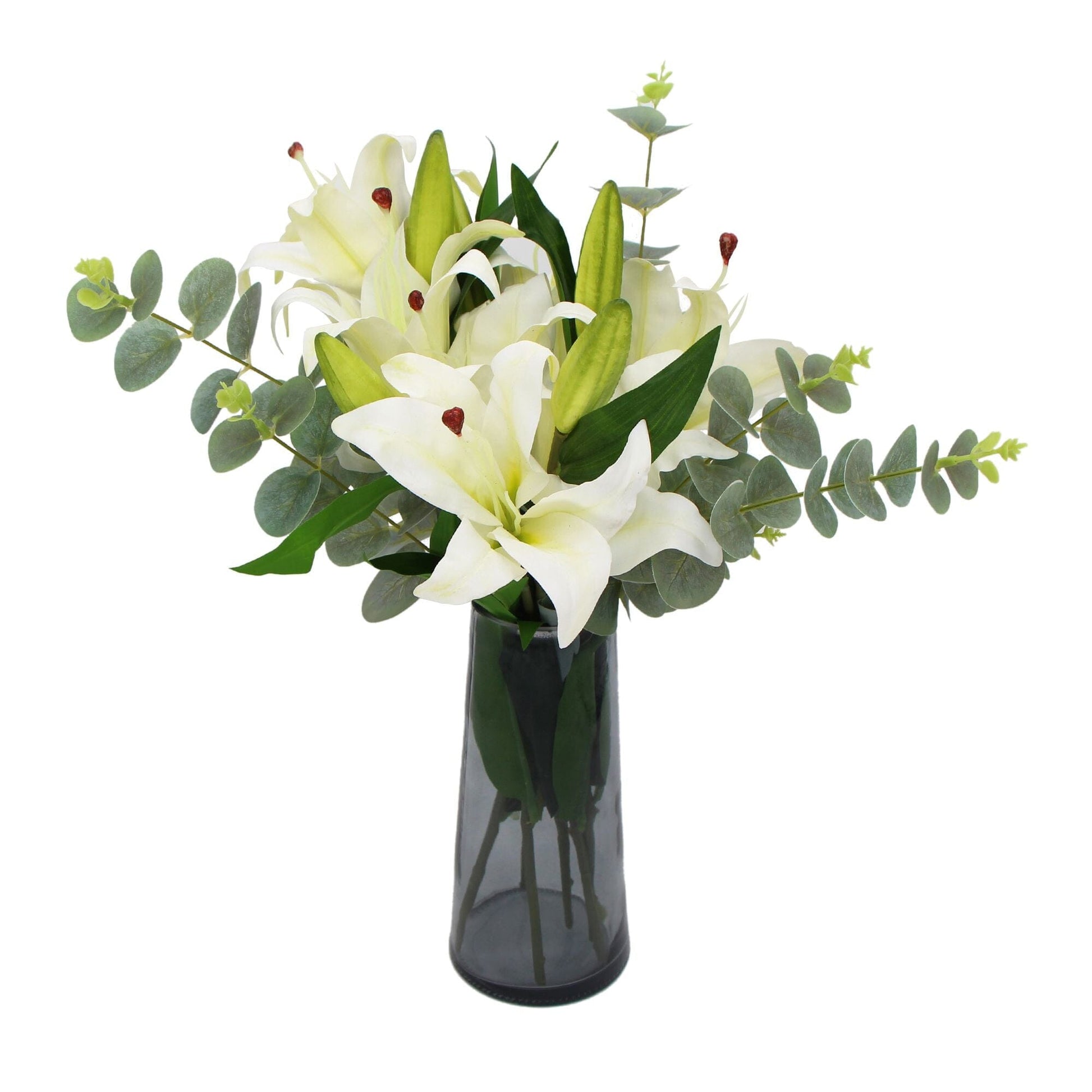 Premium Faux White Lily In Glass Vase (Tiger Lily Bouquet With Eucalyptus) Home & Garden > Home & Garden Others ArtificialPlantBarn.com.au 